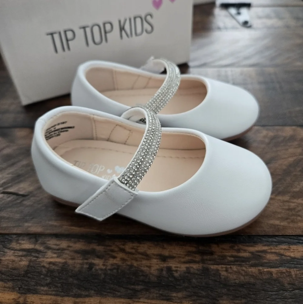 Tip Top Kids Girls MaryJane White Shoe with Rhinestone Strap. Style S187…